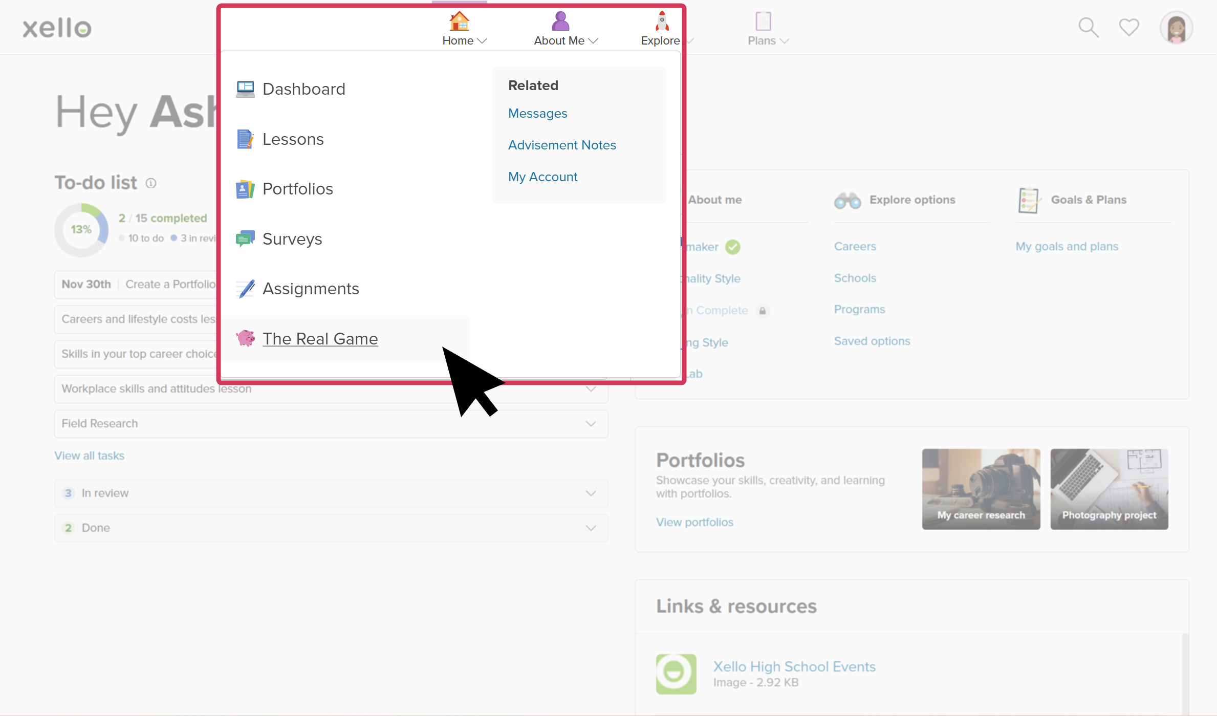 Student dashboard in Xello. The cursor has opened the Home menu and is selecting The Real Game